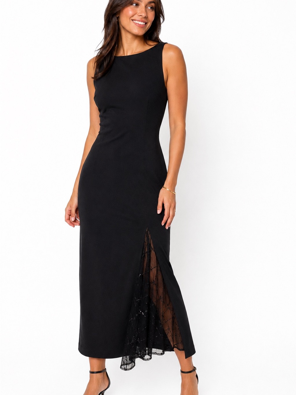 Vintage Algo Petite Black Maxi Gown with Illusion Lace Slit - Size 8